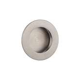 Satin nickel round flush pull. Sleek and functional hardware solution that seamlessly integrates into doors for a clean, modern look